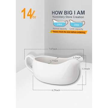 Nucookery Large 14 Oz Gravy Boat With Ergonomic Handle - White Fine Porcelain Saucier With Big Dripless Lip Spout - For Gravy, Warming Sauces, Salad Dressings, Milk, More - Microwave & Freezer Safe