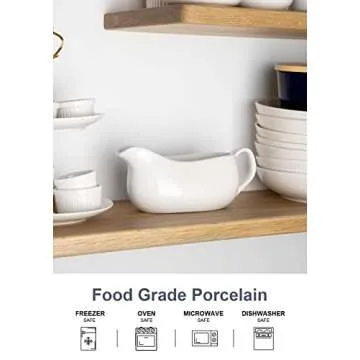Nucookery Large 14 Oz Gravy Boat With Ergonomic Handle - White Fine Porcelain Saucier With Big Dripless Lip Spout - For Gravy, Warming Sauces, Salad Dressings, Milk, More - Microwave & Freezer Safe