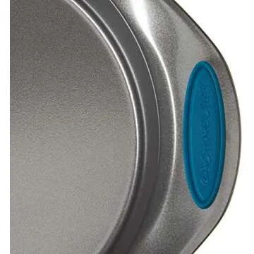 Rachael Ray Nonstick Bakeware Set with Grips includes Nonstick Baking Pans, Baking Sheet and Nonstick Bread Pan - 5 Piece, Gray with Marine Blue Handles