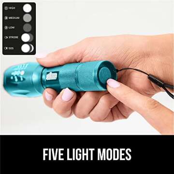 Gorilla Grip Powerful LED 750 FT Water Resistant 5 Adjustable Mode Tactical Flashlight, High Lumens Ultra Bright Zoom Flashlights, Stocking Stuffer Gift, Small Camping Car Mini Flash Light Turquoise