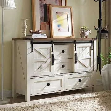 T4TREAM Farmhouse Dresser for Bedroom w/4 Drawers & Sliding Barn Doors, 48'' Wide Chest of Drawers, Rustic Dresser TV Stand w/Shelf, Dresser Organizer for Bedroom, Living Room, Entryway, Antique White