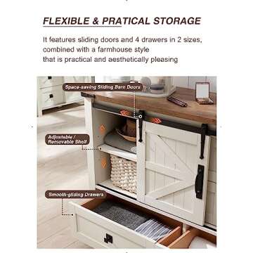 T4TREAM Farmhouse Dresser for Bedroom w/4 Drawers & Sliding Barn Doors, 48'' Wide Chest of Drawers, Rustic Dresser TV Stand w/Shelf, Dresser Organizer for Bedroom, Living Room, Entryway, Antique White