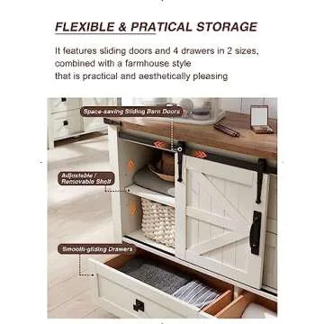 T4TREAM Farmhouse Dresser for Bedroom w/4 Drawers & Sliding Barn Doors, 48'' Wide Chest of Drawers, Rustic Dresser TV Stand w/Shelf, Dresser Organizer for Bedroom, Living Room, Entryway, Antique White