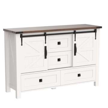 T4TREAM Farmhouse Dresser for Bedroom w/4 Drawers & Sliding Barn Doors, 48'' Wide Chest of Drawers, Rustic Dresser TV Stand w/Shelf, Dresser Organizer for Bedroom, Living Room, Entryway, Antique White