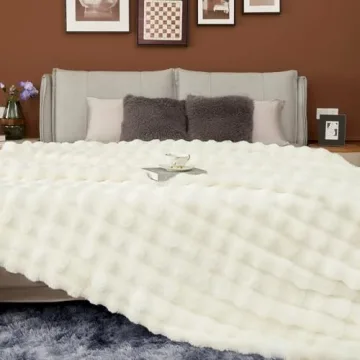 Touchat Luxury 1000GSM Faux Rabbit Fur Throw Blanket, Super Heavy Warm Cozy Beige Cream Blankets for Couch Bed Sofa, Bubble Plush Fuzzy Elegant Soft Reversible Mink Blanket for Living Room Bedroom
