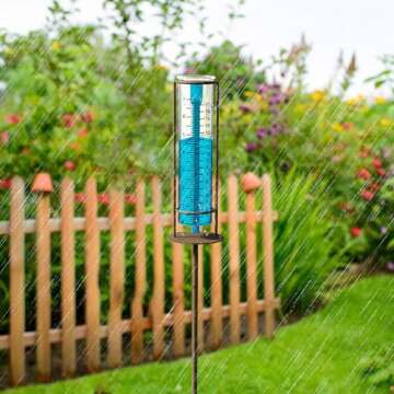 Rain Gauge Outdoor 7" Capacity, Glass Rain Gauge with Metal Stake, Rain Gauge Best Rated for Yard, Decorative for Garden, Deck, Lawn, Landscape(Blue)