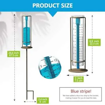 Rain Gauge Outdoor 7" Capacity, Glass Rain Gauge with Metal Stake, Rain Gauge Best Rated for Yard, Decorative for Garden, Deck, Lawn, Landscape(Blue)