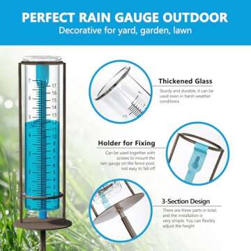 Rain Gauge Outdoor 7" Capacity, Glass Rain Gauge with Metal Stake, Rain Gauge Best Rated for Yard, Decorative for Garden, Deck, Lawn, Landscape(Blue)