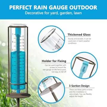 Rain Gauge Outdoor 7" Capacity, Glass Rain Gauge with Metal Stake, Rain Gauge Best Rated for Yard, Decorative for Garden, Deck, Lawn, Landscape(Blue)