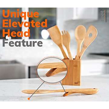 Neet Elevated Wooden Spoons For Cooking 6 Piece Organic Bamboo Utensil Set With Holder Wood Kitchen Utensils Spatula Spoon For High Heat Stirring In Nonstick Pots & Pans Quality Gift & Everyday Use
