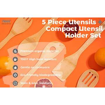 Neet Elevated Wooden Spoons For Cooking 6 Piece Organic Bamboo Utensil Set With Holder Wood Kitchen Utensils Spatula Spoon For High Heat Stirring In Nonstick Pots & Pans Quality Gift & Everyday Use