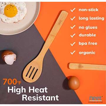 Neet Elevated Wooden Spoons For Cooking 6 Piece Organic Bamboo Utensil Set With Holder Wood Kitchen Utensils Spatula Spoon For High Heat Stirring In Nonstick Pots & Pans Quality Gift & Everyday Use