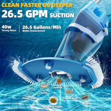 Cordless Pool Vacuum with Telescopic Pole, 26.5 gallons/min Powerful Suction, Handheld Rechargeable ...