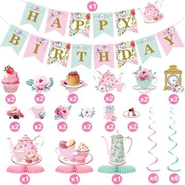 Floral Tea Party Decorations Set - Multicolor Birthday Banner, Teapot Centerpieces, Honeycomb & Hanging Swirl Decorations for Baby Showers, Weddings, and Parties