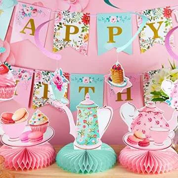 Floral Tea Party Decorations Set - Multicolor Birthday Banner, Teapot Centerpieces, Honeycomb & Hanging Swirl Decorations for Baby Showers, Weddings, and Parties