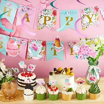 Floral Tea Party Decorations Set - Multicolor Birthday Banner, Teapot Centerpieces, Honeycomb & Hanging Swirl Decorations for Baby Showers, Weddings, and Parties