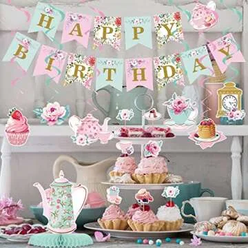 Floral Tea Party Decorations Set - Multicolor Birthday Banner, Teapot Centerpieces, Honeycomb & Hanging Swirl Decorations for Baby Showers, Weddings, and Parties