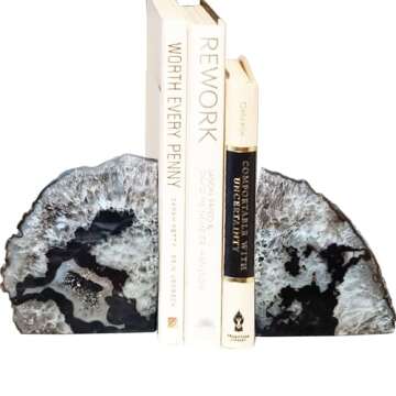 AMOYSTONE Agate Bookends Black Geode Book Ends Heavy Duty Bookend Holder Decorative with Rubber Bump...
