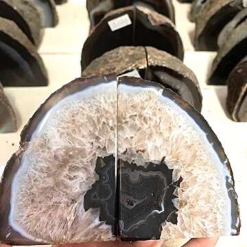 AMOYSTONE Agate Bookends Black Geode Book Ends Heavy Duty Bookend Holder Decorative with Rubber Bumpers Small(1 Pair, 2-3 LBS)