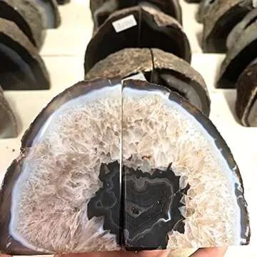 AMOYSTONE Agate Bookends Black Geode Book Ends Heavy Duty Bookend Holder Decorative with Rubber Bumpers Small(1 Pair, 2-3 LBS)