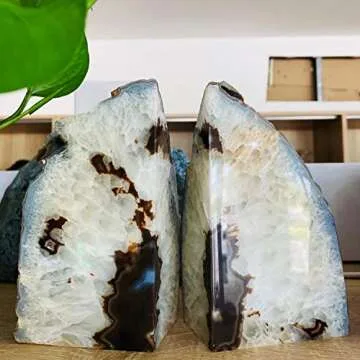 AMOYSTONE Agate Bookends Black Geode Book Ends Heavy Duty Bookend Holder Decorative with Rubber Bumpers Small(1 Pair, 2-3 LBS)