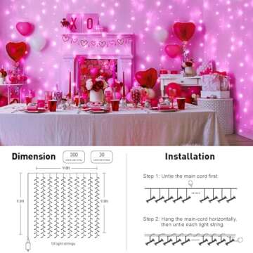 JMEXSUSS 300 LED Pink Curtain Lights Indoor, Pink Christmas Lights Plug in, 8 Modes Pink String Lights for Bedroom Window Wall Party Backdrop Xmas Valentine Decorations, 9.8x9.8ft