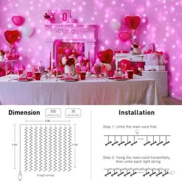 JMEXSUSS 300 LED Pink Curtain Lights Indoor, Pink Christmas Lights Plug in, 8 Modes Pink String Lights for Bedroom Window Wall Party Backdrop Xmas Valentine Decorations, 9.8x9.8ft