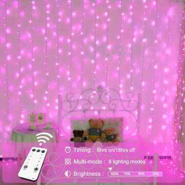 JMEXSUSS 300 LED Pink Curtain Lights Indoor, Pink Christmas Lights Plug in, 8 Modes Pink String Lights for Bedroom Window Wall Party Backdrop Xmas Valentine Decorations, 9.8x9.8ft