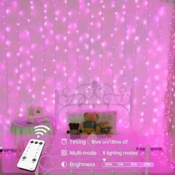 JMEXSUSS 300 LED Pink Curtain Lights Indoor, Pink Christmas Lights Plug in, 8 Modes Pink String Lights for Bedroom Window Wall Party Backdrop Xmas Valentine Decorations, 9.8x9.8ft