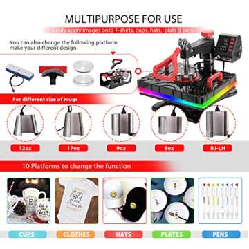 VIVOHOME Upgraded 11 in 1 Combo Multifunctional Swing Away Clamshell Printing Sublimation Heat Press Transfer Machine for T-Shirt Hat Cap Mug Plate Pen 15 x 12 Inch Red