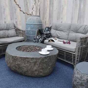 AMS Fireplace | Elementi | Round Gas Fire Pit Table for Outside Patio | Cover and Lava Rocks Included | Free Bio-Ethanol Tabletop (Fuel: Natural Gas, Boulder)