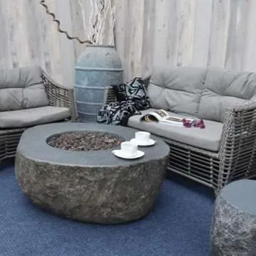 AMS Fireplace | Elementi | Round Gas Fire Pit Table for Outside Patio | Cover and Lava Rocks Included | Free Bio-Ethanol Tabletop (Fuel: Natural Gas, Boulder)