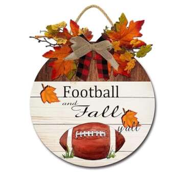 Houseuse Football & Fall y'All Sign Front Door Decor, Rustic Round Wood Wreaths Wall Hanging , Porch...
