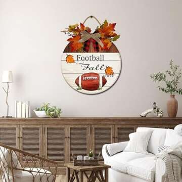 Houseuse Football & Fall y'All Sign Front Door Decor, Rustic Round Wood Wreaths Wall Hanging , Porch, Spring Summer Fall All Seasons Holiday Halloween Xmas Soccer Round 12'' (FLWOODTIS90201_35Q)