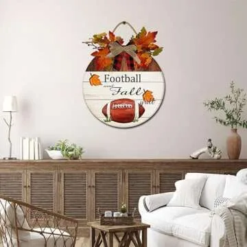 Houseuse Football & Fall y'All Sign Front Door Decor, Rustic Round Wood Wreaths Wall Hanging , Porch, Spring Summer Fall All Seasons Holiday Halloween Xmas Soccer Round 12'' (FLWOODTIS90201_35Q)