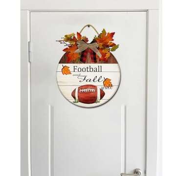 Houseuse Football & Fall y'All Sign Front Door Decor, Rustic Round Wood Wreaths Wall Hanging , Porch, Spring Summer Fall All Seasons Holiday Halloween Xmas Soccer Round 12'' (FLWOODTIS90201_35Q)
