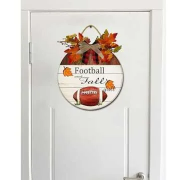 Houseuse Football & Fall y'All Sign Front Door Decor, Rustic Round Wood Wreaths Wall Hanging , Porch, Spring Summer Fall All Seasons Holiday Halloween Xmas Soccer Round 12'' (FLWOODTIS90201_35Q)