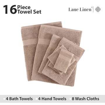 LANE LINEN 16 Piece Bath Towels - 100% Cotton Towels for Bathroom, Premium Quality, Highly Absorbent Bathroom Towel Set, Super Soft, 4 Bath Towels, 4 Hand Towels, 8 Wash Cloths - Taupe