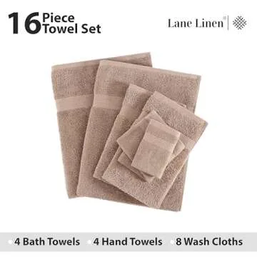 LANE LINEN 16 Piece Bath Towels - 100% Cotton Towels for Bathroom, Premium Quality, Highly Absorbent Bathroom Towel Set, Super Soft, 4 Bath Towels, 4 Hand Towels, 8 Wash Cloths - Taupe