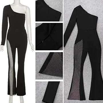 MRLION Sexy Mesh Patchwork One Shoulder Playsuits Women Elegant Skinny Flare Pants Jumpsuit Fashion Lady Party Streetwear,Black,S