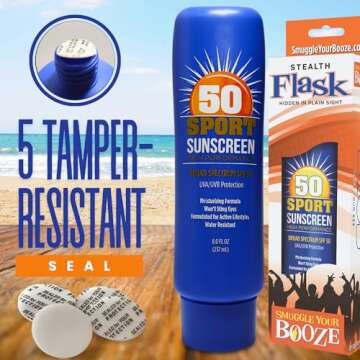 Hidden SPF50 Sunscreen Lotion Flasks 2 Pack by Smuggle Your Booze - 5 Tamper-Proof Seals | Discreet Plastic Flask for Liquor Disguise for Cruises, Travel, Concerts, Festivals | 10 oz Each |