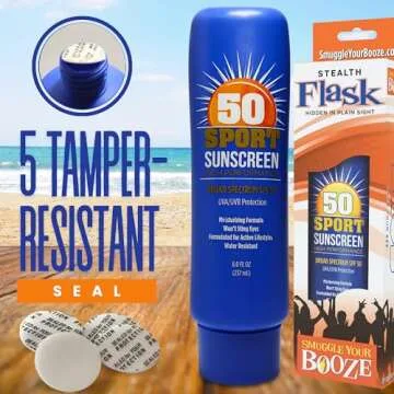 Hidden SPF50 Sunscreen Lotion Flasks 2 Pack by Smuggle Your Booze - 5 Tamper-Proof Seals | Discreet Plastic Flask for Liquor Disguise for Cruises, Travel, Concerts, Festivals | 10 oz Each |