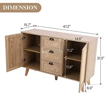 Stylish PHI VILLA Rattan Storage Cabinet with Doors