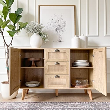 Stylish PHI VILLA Rattan Storage Cabinet with Doors