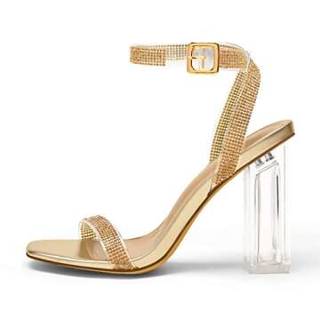 DREAM PAIRS Women's Chunky Clear High Heels Sandals, Rhinestone Ankle Strap Open Square Toe Block He...