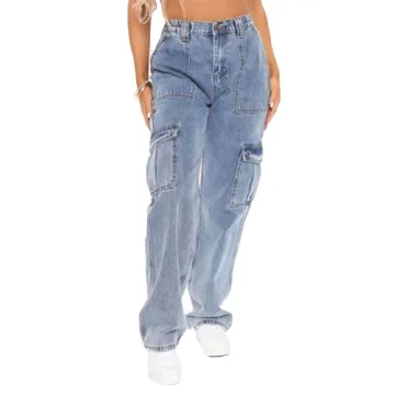 ECUPPER Women Baggy Cargo Jeans Plus Loose Straight Wide Leg Denim Cargo Pants High Waisted Elastic ...