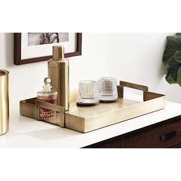 Kate and Laurel Myo Transitional Metal Rectangle Tray, 17 x 13, Brass, Modern Glam Rectangular Decorative Serving Tray with Handles for Storage, Display, and Decor
