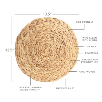 Koyal Wholesale Natural Water Hyacinth Placemats, Set of 4, 13.5 inch Round Mat Weave Charger Plates, Tropical Wedding