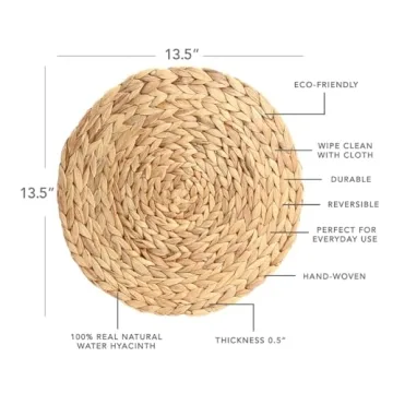 Koyal Wholesale Natural Water Hyacinth Placemats, Set of 4, 13.5 inch Round Mat Weave Charger Plates, Tropical Wedding