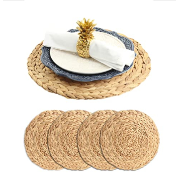 Koyal Wholesale Natural Water Hyacinth Placemats, Set of 4, 13.5 inch Round Mat Weave Charger Plates, Tropical Wedding